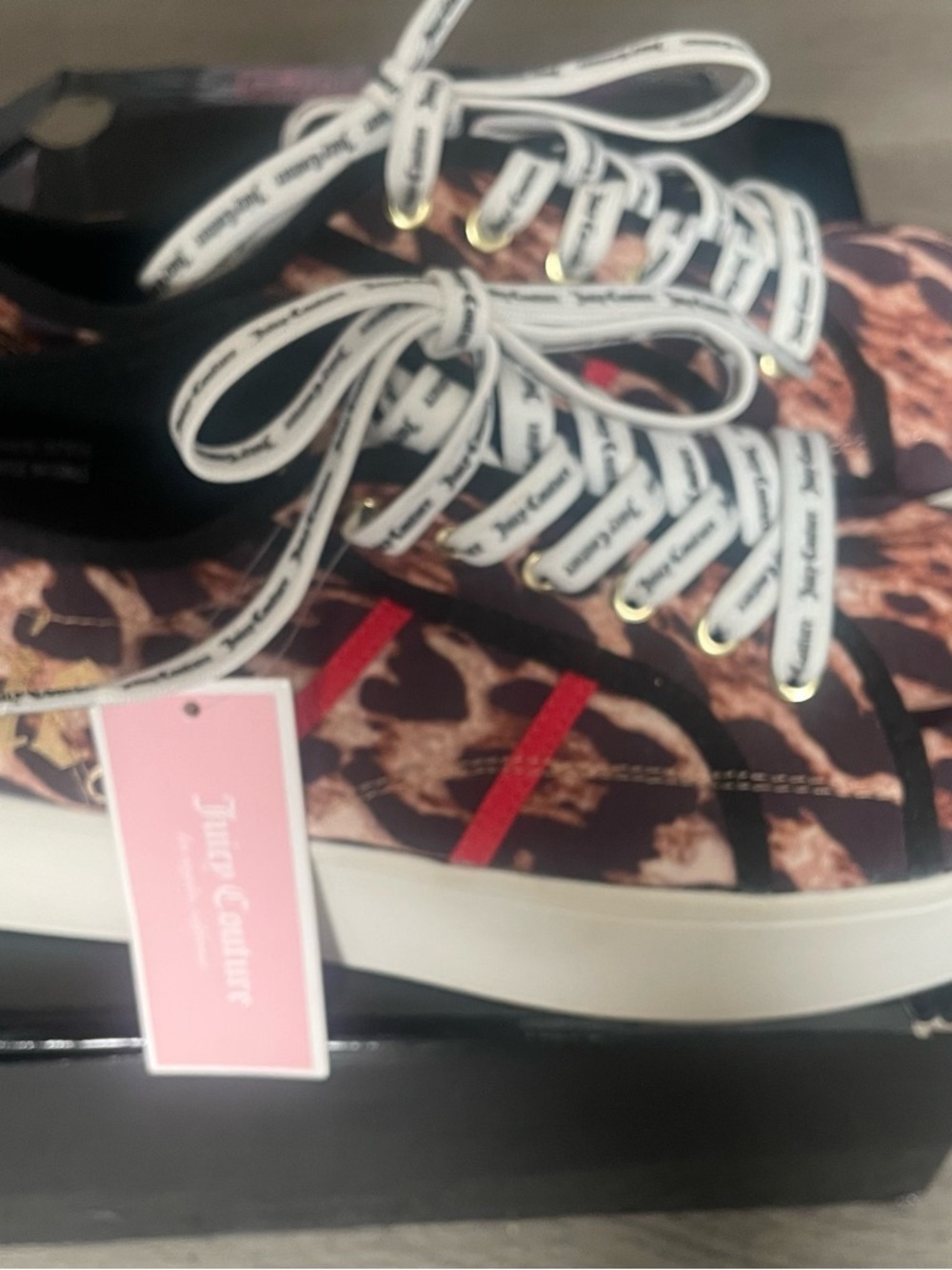 Juicy Couture Leopard Print Lace-Up Sneakers with Red Stripes